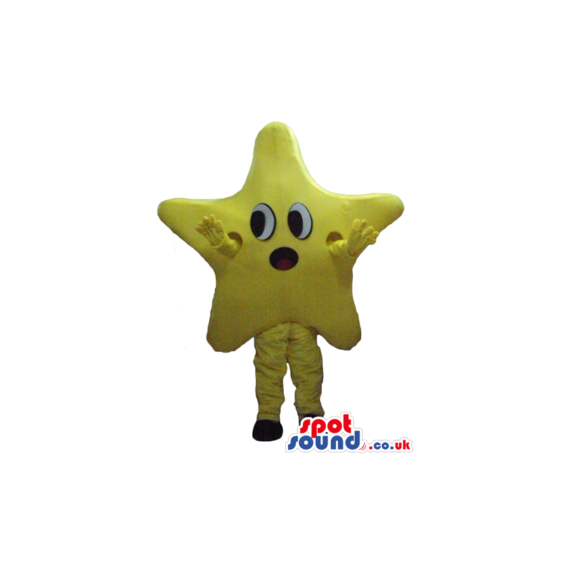 Yellow star with round eyes and a round red mouth, yellow arms