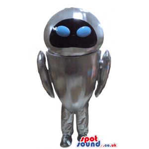 Silver robot with a black face and two small light-blue round
