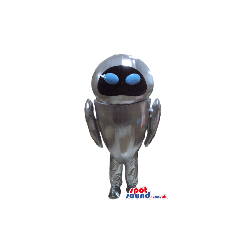 Silver robot with a black face and two small light-blue round