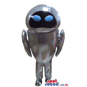 Silver robot with a black face and two small light-blue round