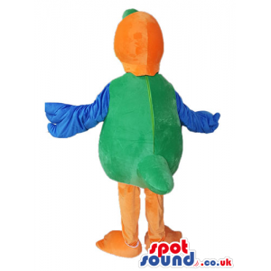 Parrot with a green body, blue wings, orange head and legs, a