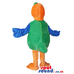 Parrot with a green body, blue wings, orange head and legs, a