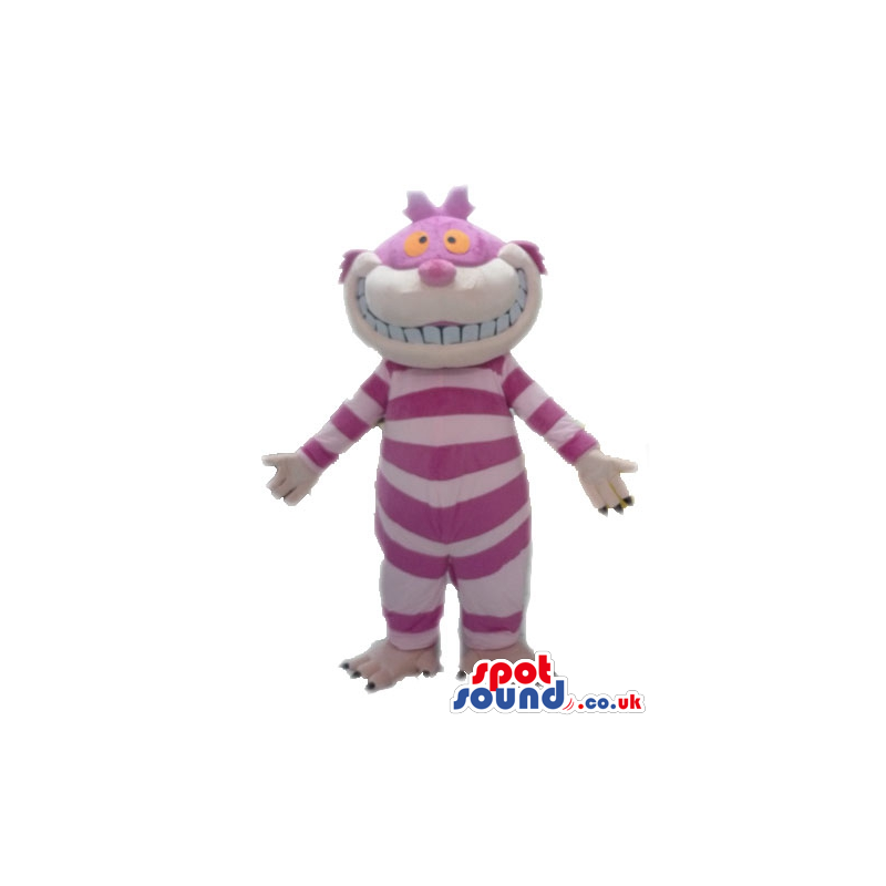 Striped pink cat with big orange eyes and sharp white teeth -