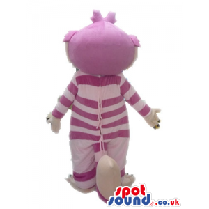 Striped pink cat with big orange eyes and sharp white teeth -