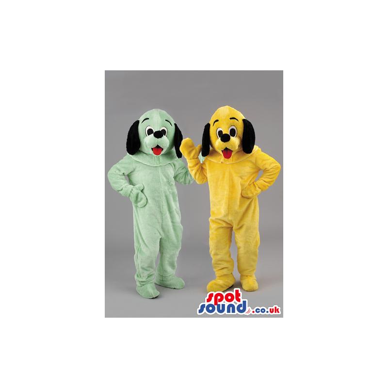 Two Dog Mascots With Black Ears In Green And Yellow - Custom