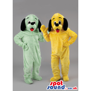 Two Dog Mascots With Black Ears In Green And Yellow - Custom