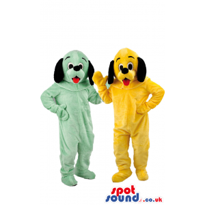 Two Dog Mascots With Black Ears In Green And Yellow - Custom