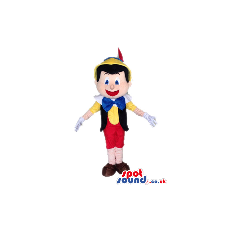 Pinnochio wearing red trousers, a yellow shirt, a black vest, a