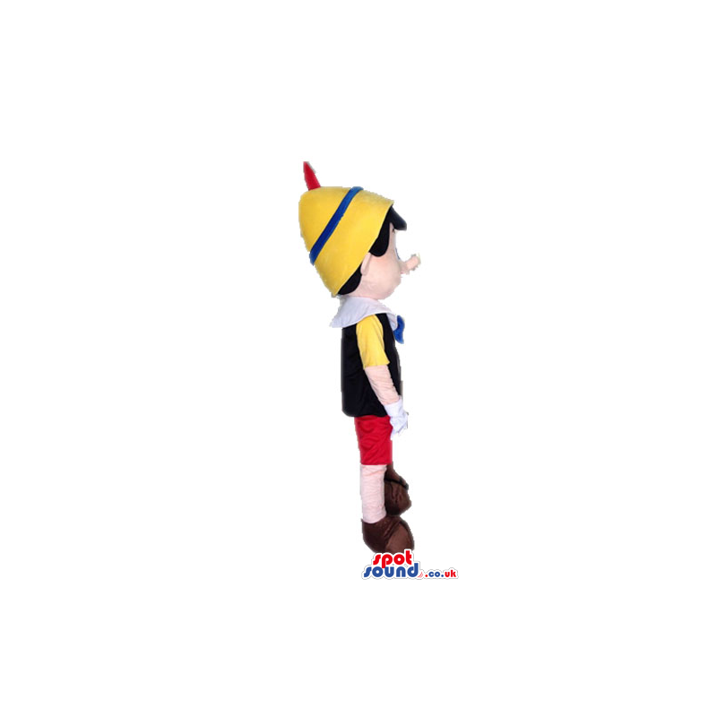 Pinnochio wearing red trousers, a yellow shirt, a black vest, a