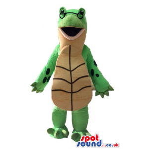 Green turtle with a beige belly wearing glasses - Custom Mascots
