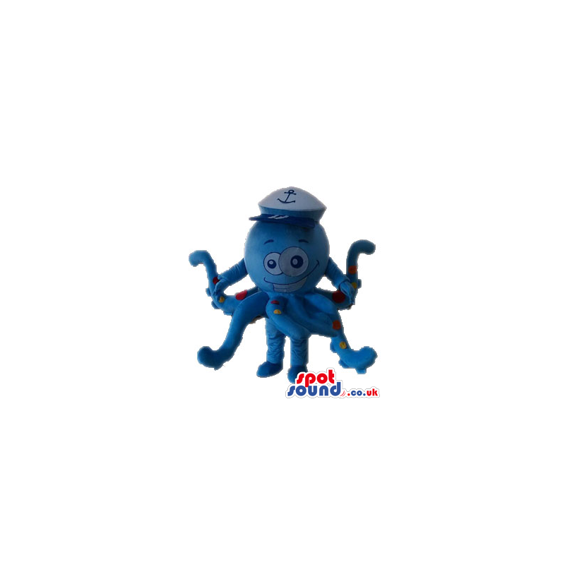 Blue octopus with red and yellow spots wearing a white sailor