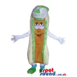 Hot dog with a brown sausage wearing glasses, a green sauce