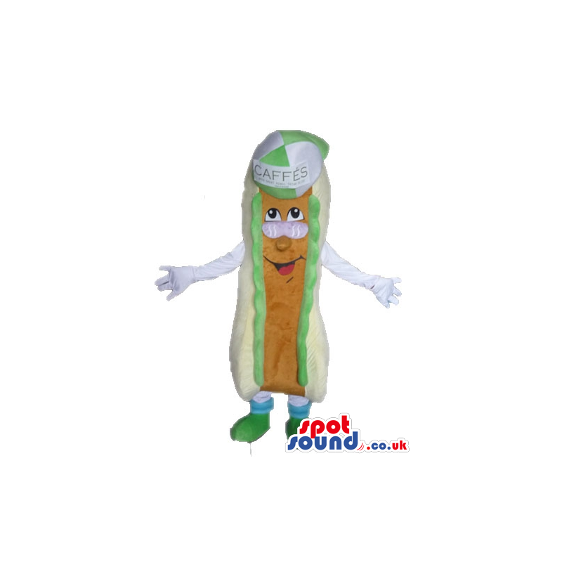 Hot dog with a brown sausage wearing glasses, a green sauce