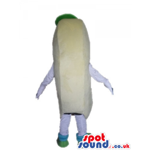 Hot dog with a brown sausage wearing glasses, a green sauce