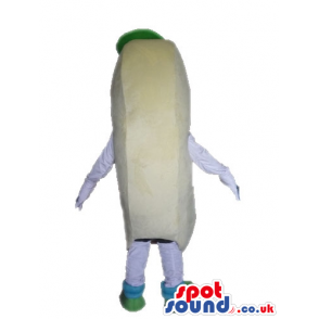 Hot dog with a brown sausage wearing glasses, a green sauce