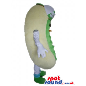Hot dog with a brown sausage wearing glasses, a green sauce