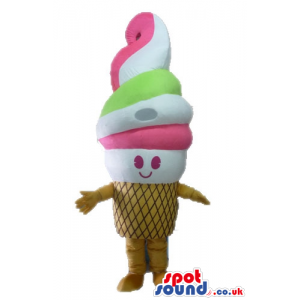 Pink, white and green smiling icecream in a brown cone with