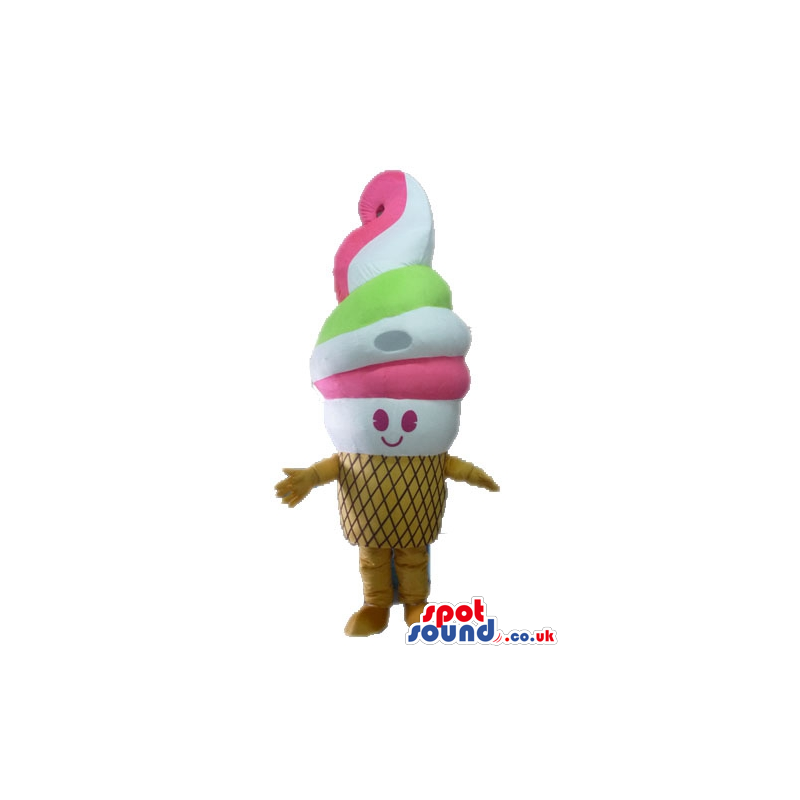 Pink, white and green smiling icecream in a brown cone with