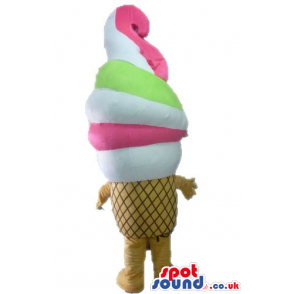 Pink, white and green smiling icecream in a brown cone with