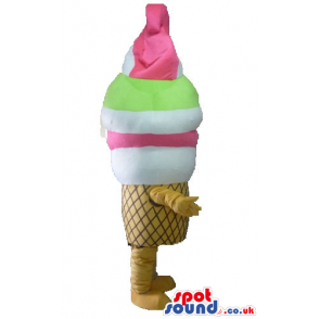 Pink, white and green smiling icecream in a brown cone with