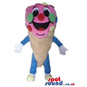 Smiling pink icecream decorated in yellow, red, green, and blue