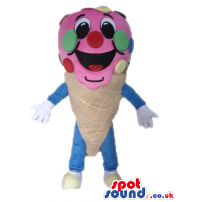 Smiling pink icecream decorated in yellow, red, green, and blue