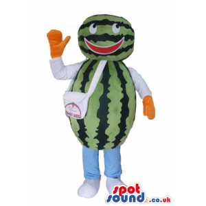 Smiling watermelon wearing light-blue trousers, white shirt and