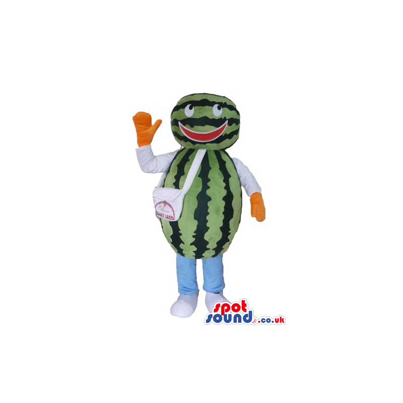 Smiling watermelon wearing light-blue trousers, white shirt and