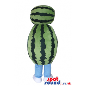 Smiling watermelon wearing light-blue trousers, white shirt and