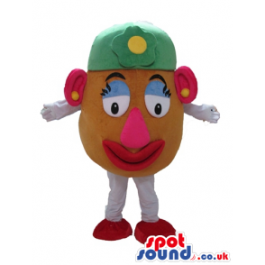 Mrs potato head with a big pink nose, pink ears, purple eyelids