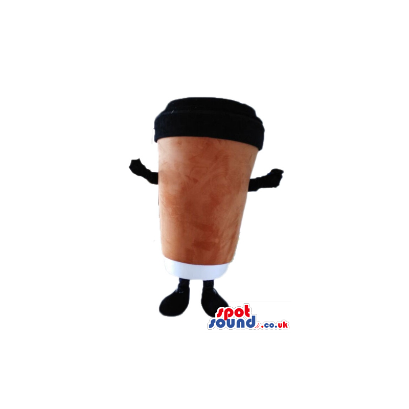 Plastick brown mug of coffee with a black lid, ams and legs -