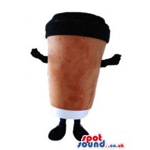 Plastick brown mug of coffee with a black lid, ams and legs -