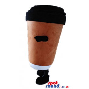 Plastick brown mug of coffee with a black lid, ams and legs -