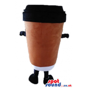 Plastick brown mug of coffee with a black lid, ams and legs -