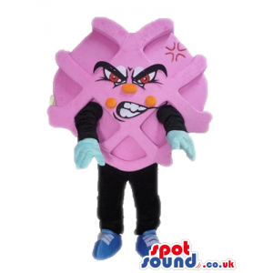 Angry roundish pink monster with round orange eyes and black