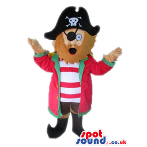 Pirate with a brown beard and black eyes wearing a striped red
