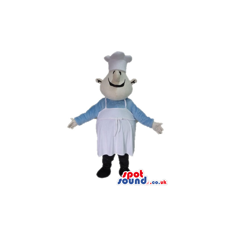 Chef wearing a white chef's hat and apron, a light-blue