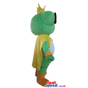 Green frog with big eyes wearing a yellow crown and cape