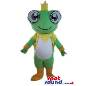 Green frog with big eyes wearing a yellow crown and cape