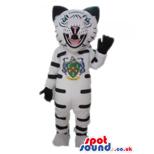 White and black tiger with small light-blue eyes and a pink