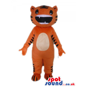 Orange tiger with a big round mouth and a few sharp teeth -