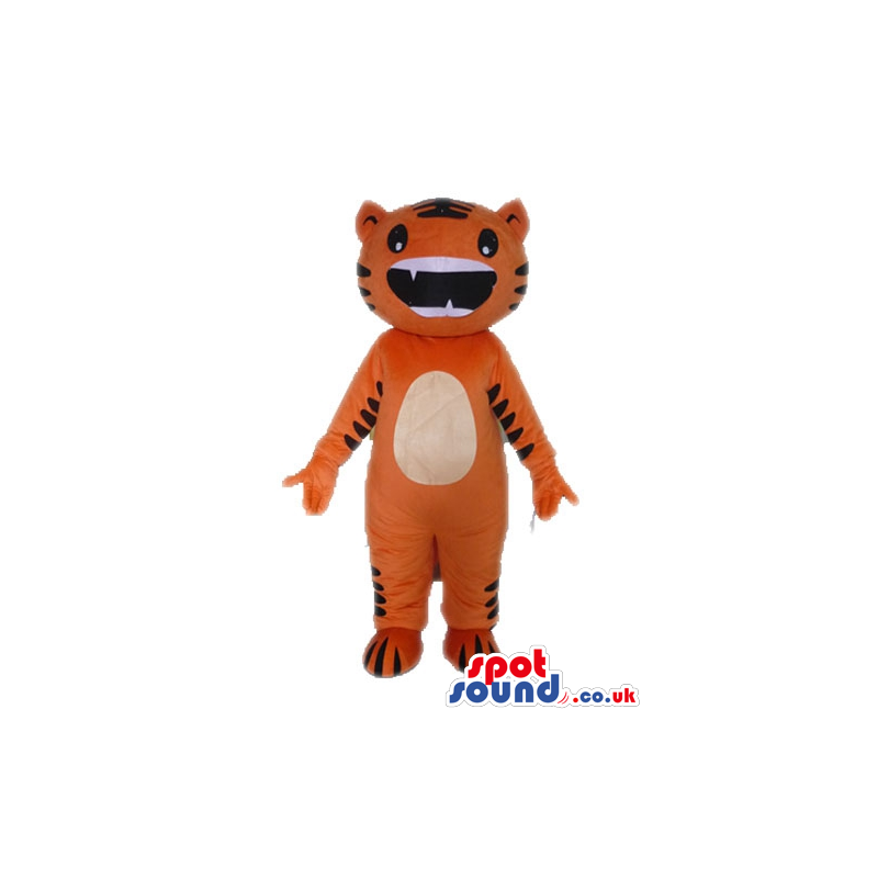Orange tiger with a big round mouth and a few sharp teeth -