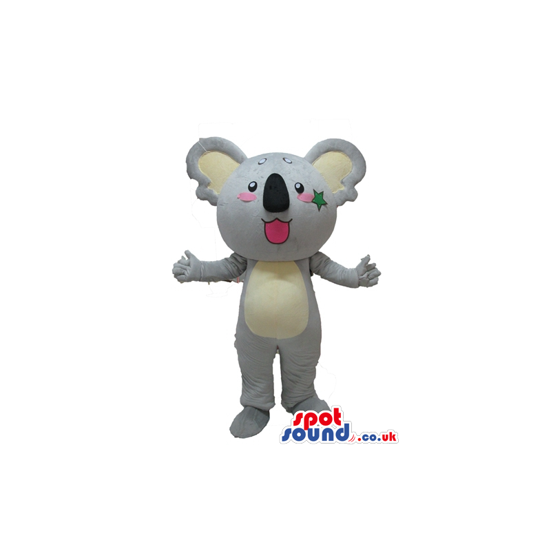 Grey koala with a pink mouth and pink cheeks, beige ears and a