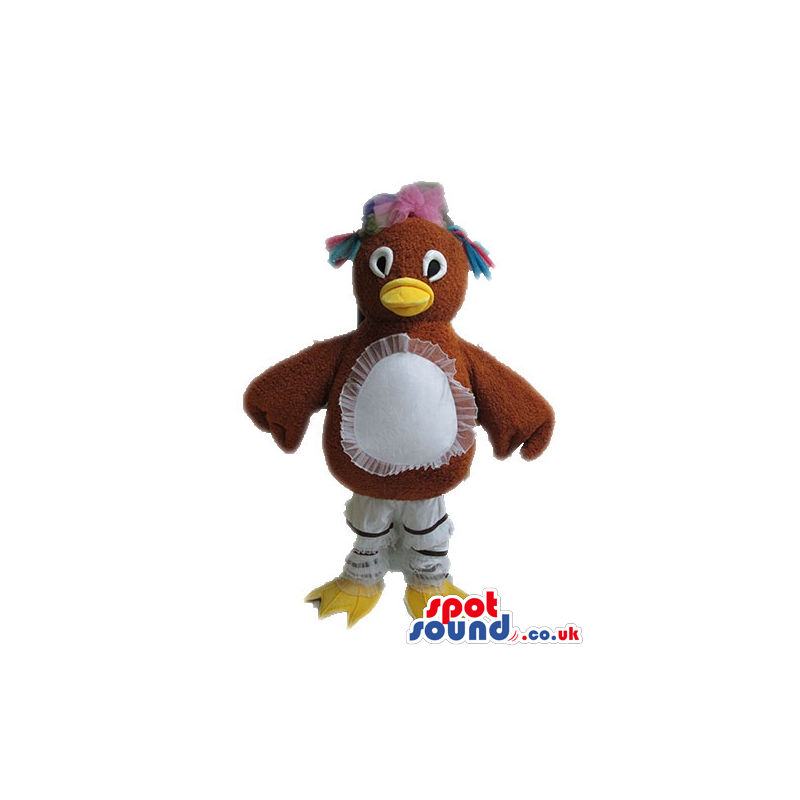 Brown hen with a yellow beak and pink hair and beige legs and