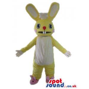 Yellow rabbit with long ears, a small round red nose, big white
