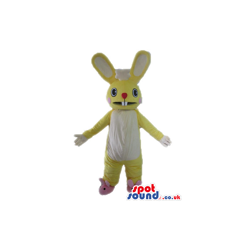 Yellow rabbit with long ears, a small round red nose, big white