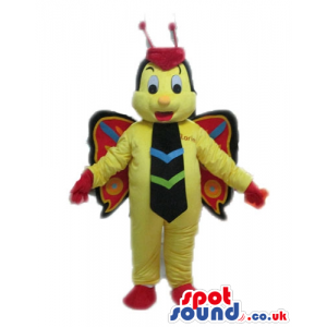 Yellow butterfly with red hands and shoes wearing a brown