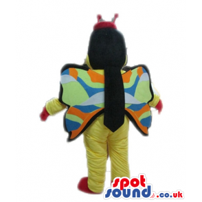 Yellow butterfly with red hands and shoes wearing a brown