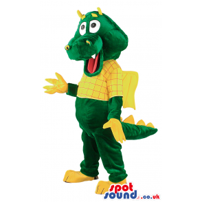 Green And Yellow Dragon Mascot With Tail And Horns - Custom