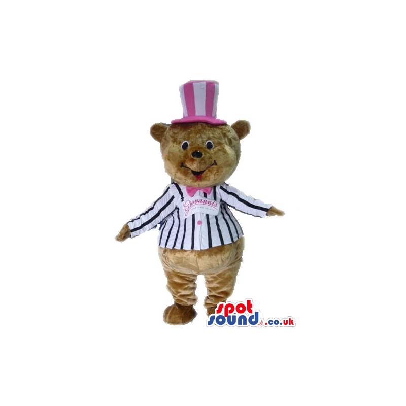 Brown bear wearing a striped black and white jacket and a